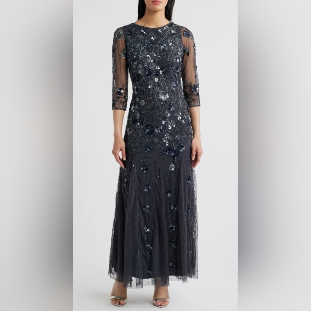 Size 6 -Pisarro Nights Elegant Beaded Gloral Embellished Grey Evening Gown Dress